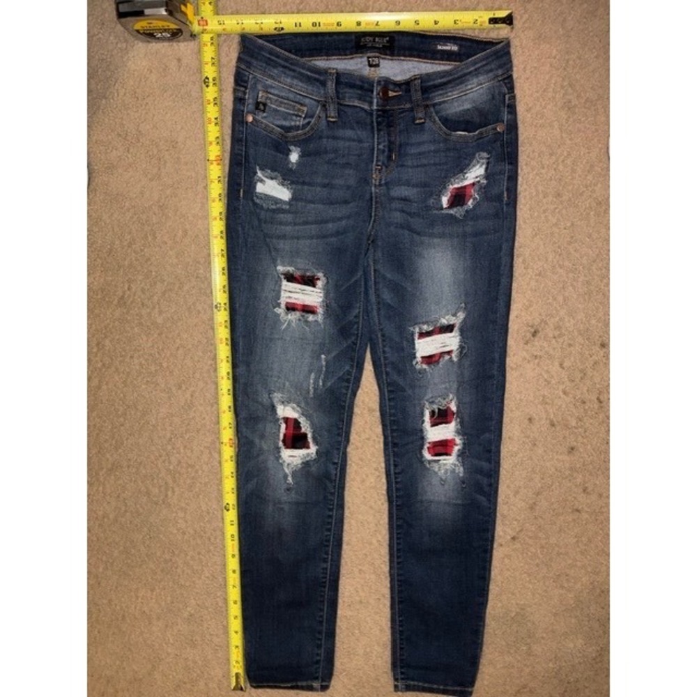 Judy Blue Skinny Distressed Plaid Patch Jeans Dark JB8268DK Womens 7/28 T49-2